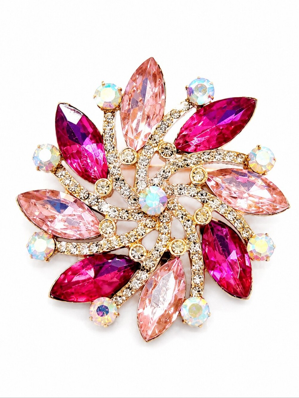 Vintage Pink Fuchsia Rhinestone Starburst Flower Brooch AB Crystal Pin